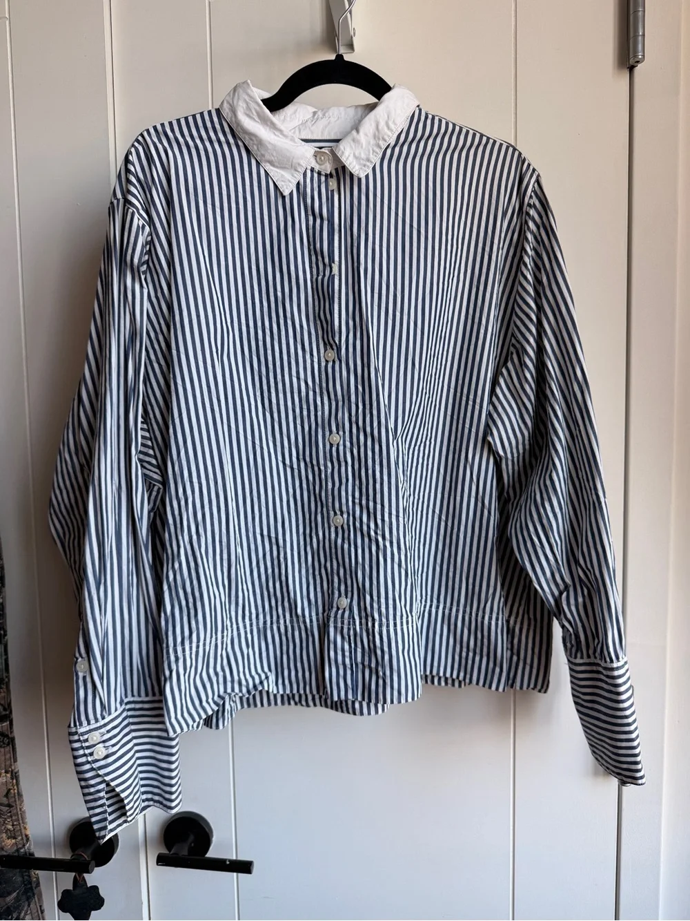 J. Crew Blue and White Striped Button-Down Shirt with White Collar